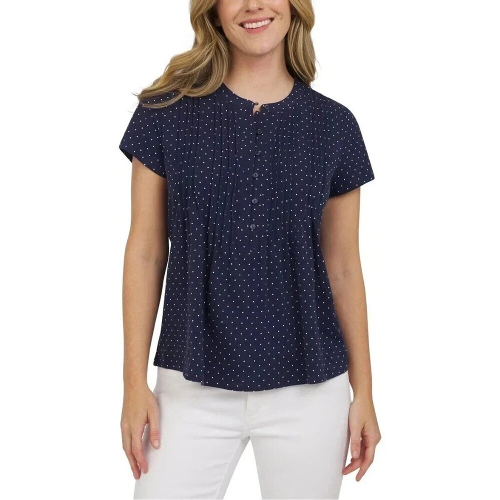 Lands' End Women's M Short Sleeve Pintuck Navy Blue White Polka Dot Blouse N0942